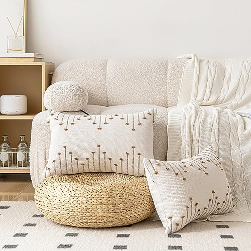 LILEPOY Boho Throw Pillow Covers 12x20 Set of 2 Neutral Decorative Textured Cushion Case Farmhouse Pillowcase Modern Lumbar Pillow Covers for Sofa,Couch, Living Room,Beige and Brown - color: Beige and Brown, size: 20" x 12" (Pack of 2)