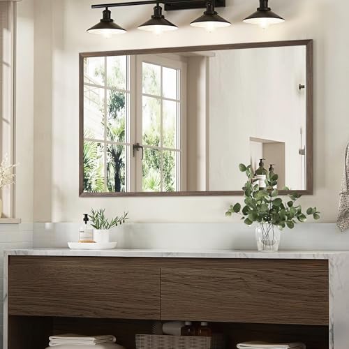 Walnut Wood Bathroom Mirrors for Wall Mounted, 40" x 24" Rectangle Rustic Wood Framed Wall Mirror, Decorative Farmhouse Mirror for Bathroom, Bedroom, Entryway, Horizontally/Vertically - color: Walnut, size: 40"L x 24"W