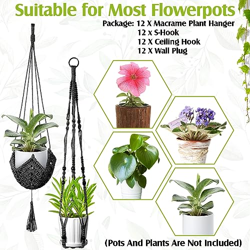Hoteam 12 Pcs Macrame Plant Hangers Macrame Hanging Planters for Indoor Plants Handmade Boho Hanging Baskets Flower Pots Holder for Outdoor Home Wall Decor - color: Black