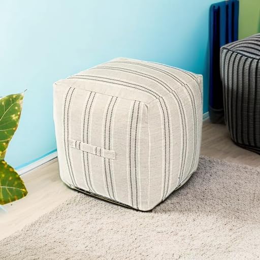 AELS Unstuffed Farmhouse Pouf Cover for Living Room, Boho Storage Bean Bag Cubes, Beige with Gray Stitch Yarn Dyed Stripe Square Ottoman Pouf Foot Rest Footstool, 18"x18"x18", Cover ONLY