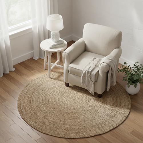 FRELISH DECOR Handwoven Jute Area Rug - 4 feet Round - Natural Yarn - Rustic Vintage Beige Braided Reversible Rug - Eco Friendly Rugs for Bedroom - Kitchen - Living Room - Farmhouse (4' Round) - color: Natural, size: 4' (Round)