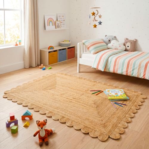 GRUHUM Scalloped Jute Area Rugs 5'x8' ft Natural Fiber Handwoven Boho Reversible Farmhouse Soft Braided Rug Indoor Ecofriendly Livingroom Bedroom Kitchen Hallways Enterways Rectangular Rug - color: Natural-55, size: 5' x 8' (Rectangular)