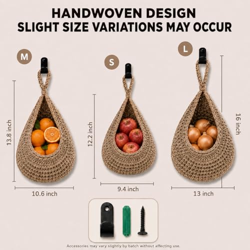 Boho Decor Hanging Fruit Baskets for Kitchen, 3 Pack Handwoven Teardrop Wall Hanging Baskets with Hooks, Storage for Fruits, Onions, Vegetables & Potatoes, 3 Sizes for Home, Linen - color: Large-Linen