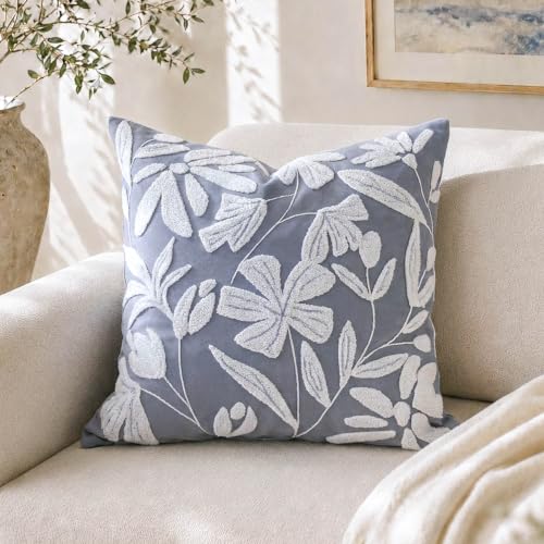 BlissBlush Decorative Throw Pillow Cover 20x20, Gray Velvet Accent Cushion Cover for Couch Sofa Living Room, Floral Tufted Square Pillowcase (Cover Only) - color: Dusty Blue, size: 20" x 20" (Pack of 1)