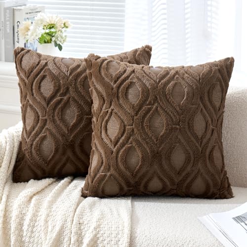 MIULEE Dark Brown Throw Pillow Covers 18x18 Inch, Soft Winter Plush Faux Wool Couch Pillow Covers Set of 2 Decorative Farmhouse Boho Throw Pillows for Sofa Living Room Bed - color: Dark Brown, size: 18" x 18" (Pack of 2)
