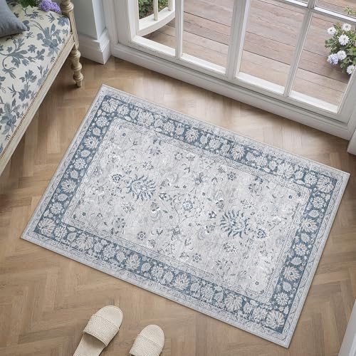 PureCozy 2x3 Area Rug Blue Washable Entryway Vintage Carpet Door Mat Small Non Slip Stain Soft Resistant Low Pile Thin Boho Accent Indoor Throw Rug for Kitchen Bathroom Entrance Bedroom - color: Oriental Blue, size: 2' x 3' (Rectangular)