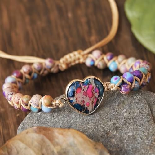 Women Boho Wrap Bracelet,Handmade Natural Stone Crystal Emperor Beads Heart Bracelet, Fashion Bohemian Jewelry Gift for Women - color: Purple Red