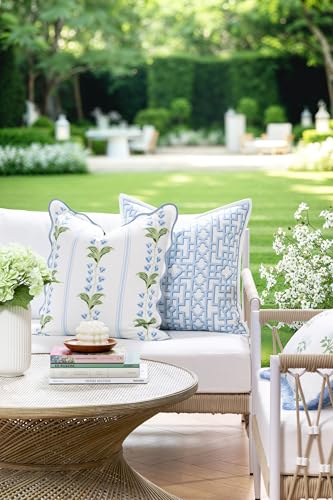 Hofdeco Premium Grandmillennial Coastal Hampton Patio Indoor Outdoor Throw Pillow Cover Only, 20"x20" Water Repellent for Backyard, Couch, Poolside, Blue Green Print Striped Lily of the Valley - color: Blue Grass Green Watercolor Striped Lily of the Valle