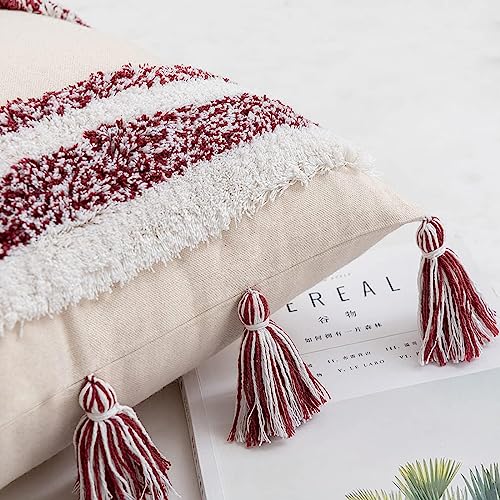 Boho Tufted Throw Pillow with Tassels, Country Thick Striped Style Soft Cushion Cover Decor wuth Zipper for Chair Bed Couch Living Room (Wine Red,12" x 20") - color: Wine Red, size: 12" x 20"