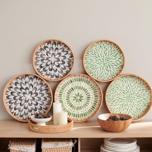 YANGQIHOME Round Serving Tray With Decorative Mother of Pearl Inlay, Rattan Wicker for Home Decor, Table Decor, Gifts, Dining, Woven for Food, Fruit, Coffee, 11.8 Inch - color: Green/White, size: 11.8"
