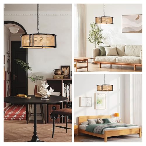17.7" Farmhouse Rattan Chandelier, 4-Light Large Bohemian Pendant Hanging Light Fixture, Hand Woven Boho Chandelier for Dining Room, Living Room, Kitchen Island, Bedroom, Hallway, Foyer