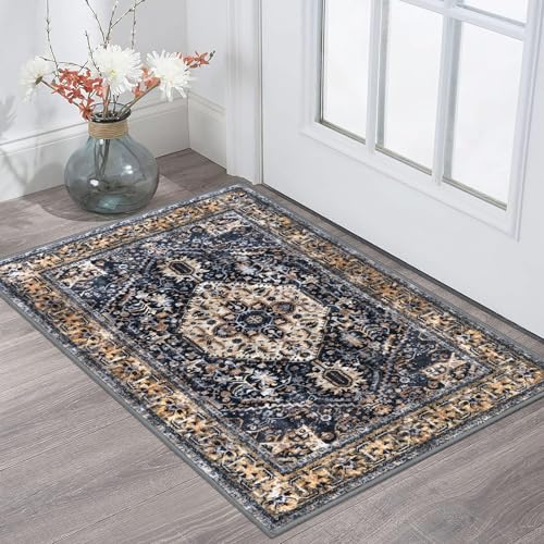 KOZYFLY Small Area Rug 2x3 Ft Rugs for Entryway Washable Boho Entry Rug Non Slip Door Mat Indoor Gold/Orange/Navy Printed Faux Wool Vintage Kitchen Rug Throw Rugs for Entrance - color: Gold/Orange/Navy, size: 2' x 3' (Rectangular)