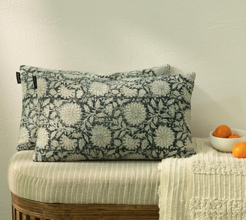 Handblock Printed Vintage Indian Cotton Decorative Throw Pillow Covers, Set of 2 (Midnight Blue, 12" x 20" (Pack of 2)) - color: Midnight Blue, size: 20" x 12" (Pack of 2)
