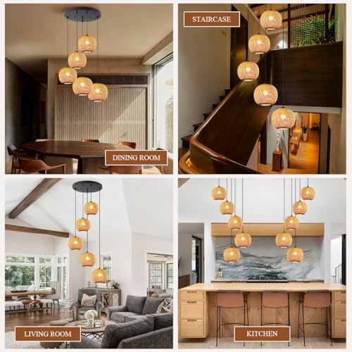 5-Light Staircase Bamboo Light Fixture Basket Weave Pendant Light Shade Boho Large Rattan Chandelier Coastal Wicker Pendant Hanging Lights for Foyer Living Room Farmhouse - color: Bamboo, 5-Light