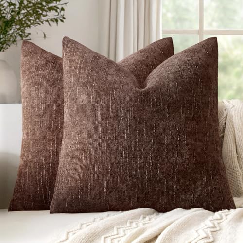 18x18 Inch Set of 2 Textured Throw Pillow Covers Decorative Soft Accent Square Chenille Pillowcases Neutral Farmhouse Cushions Modern Home Decor for Couch Sofa Bedroom Living Room,Beaver Fur - color: Beaver Fur, size: 18" x 18" (Pack of 2)