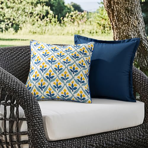 MIULEE Pack of 2 Decorative Outdoor Waterproof Throw Pillow Covers Flower Print Chic Boho Accent Pillow Covers for Square Garden Patio Cushion 18x18 Inch, Light Yellow Blue - color: Light Yellow Blue, size: 18" x 18" (Pack of 2)