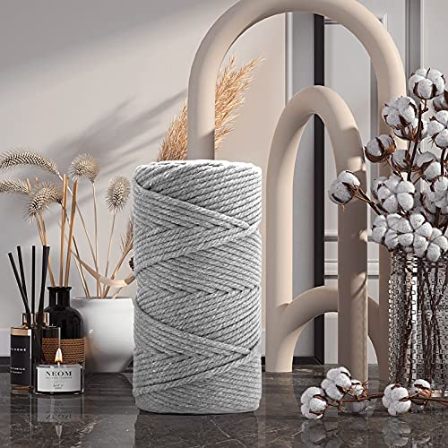 Macrame Cotton Cord 5mm x 109 Yards, ZUEXT 100% Natural Handmade Colorful 4 Strands Twisted Braided Cotton Rope for Wall Hanging Plant Hangers Gift Wrapping Tapestry DIY Crafts(100m, Light Grey) - color: Light Grey, style: 5mm x 100m