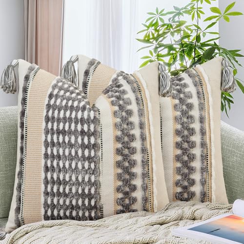 AmHoo Set of 2 Chenille Striped Textured Boho Throw Pillow Covers Aesthetic with Tassels Woven Decorative Pillow Case for Couch Bed Sofa Bedroom Modern Funky 18 x 18-Inch Grey White - color: Grey White, size: 18" x 18" (Pack of 2)