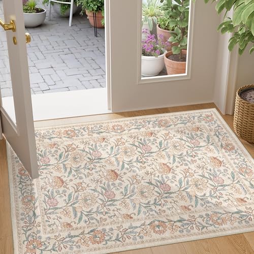 DUKINO 2x3 Rugs for Entryway, Washable Vintage Floral Small Area Rug with Non Slip Backing, Ultra Soft Door Mat Indoor Entrance Low Pile Floor Carpet for Kitchen, Bathroom, Bedroom, Farmhouse, Beige - color: Beige Yellow, size: 2' x 3' (Rectangular)