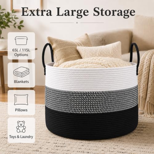 JMvicyroam 65L Extra Large Blanket Basket for Living Room - Woven Cotton Rope Laundry Hamper with Reinforced Handles - Storage Bin for Pillows, Comforters & Toys - Machine Washable,White&Black Mix - color: White&Black Mix, size: 65L
