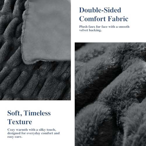 Faux Rabbit Fur Throw Blanket, Soft Plush Cozy Blanket for Couch Bed, Thick Fluffy Ruched Decorative Blanket,Giftable,50"x60",Charcoal Grey - color: Charcoal Grey, size: Throw(50"x60")