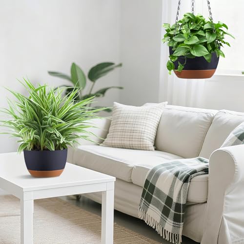 Set of 2 Hanging Planters for Indoor Outdoor Plants, 8 Inch Self-Watering Hanging Flower Pots with Drainage Hole & Removable Water-Storage Tray (Hooks) - color: Dark Grey, size: 8 Inch (S)