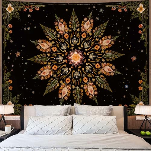 Fowocu Boho Floral Mandala Tapestry for Bedroom Aesthetic Vintage Bohemian Flower Wall Tapestry Black Green Hippie Indian Extra Large Tapestries Wall Hanging for Living Room Dorm Decor 90 x 68 Inch - color: Black Green, size: 90"L x 68"W