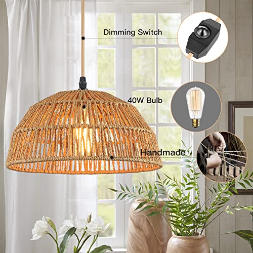 Plug in Pendant Light, Hanging Lights with 15ft Golden Cotton Cord & Stepless Dimming Switch, Handwoven Hemp Rope Lampshade, Boho Hanging Lamp for Kitchen, Hallway (Bulb & 2 Swag Hooks Included) - color: Rattan 11.8"