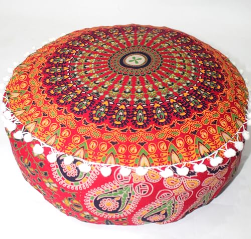 INDIAN CRAFT CASTLE ICC Mandala Barmeri Large Floor Pillow Cover Cushion Meditation Seating Ottoman Throw Cover Hippie Decorative Zipped Bohemian Pouf Ottoman Cases Red Peacock 18" Round - color: Red, size: 18"D x 18"W x 5"H
