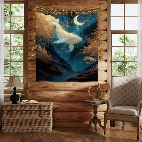 Celestial Whale under Moon Fantasy Ocean Tapestries Modern Boho Contemporary Wall Art Tapestry Wall Hanging Elegant Stunning Home Decor for Bedroom Living Room Apartment Office (YGST3989,50x60 inch)