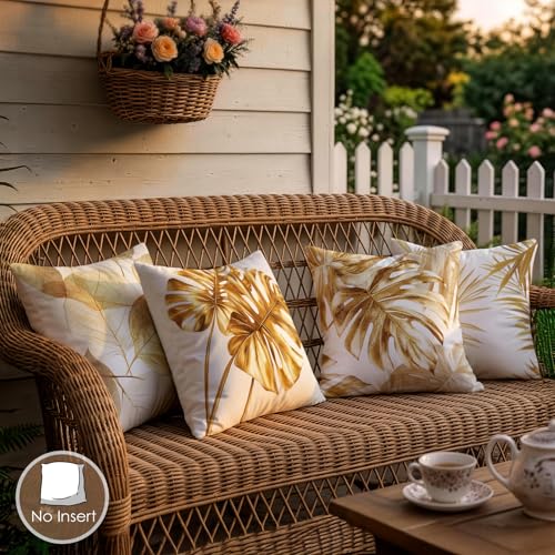 OBSEDE Golden Leaf Illustration Decorative Throw Pillow Covers 18 × 18 in, Set of 4, Couch Cushion Cases Inserts for Sofa Bed Living Room Home Decor, Single Side Print - color: Gilded Botanical Line Drawing, size: 18" x 18" (Pack of 4)