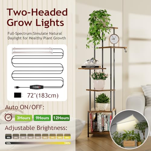 Homsorout Plant Stand Indoor with Grow Light - 6-Tier Metal Plant Shelf with Hanging Basket Hook, Corner Tall Flower Holder for Multiple Plants, Living Room Balcony Garden Patio, Rustic - color: Rustic, size: 6-Tier
