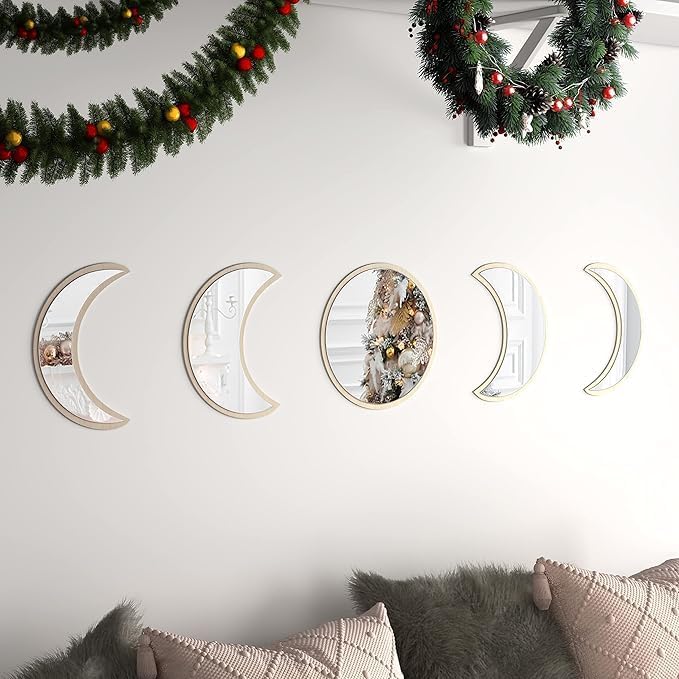 10.4" Raw Acrylic Moon Phase Wall Mirror Set - 5-Piece Boho Celestial Decor for Living Room Bedroom Entryway, Easy Stick-On Installation, Shatterproof Safety Design