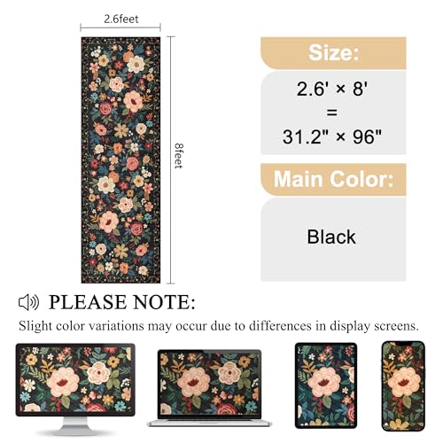 DUKINO Runner Rug, 2.6x8 Kitchen Rugs for Hallway with Non Slip Backing, Washable Low Pile Soft Boho Floral Runner Carpet for Hallway, Kitchen, Entryway, Laundry, Bedroom, Black - color: Black, size: 2'6" x 8' (Rectangular)