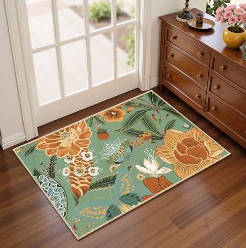 Tyrot Sage Green Boho Floral 2x3 Washable Kitchen & Entryway Rug Ultra-Thin Flat Woven Low Pile Botanical Butterfly Area Rug Non-Slip Indoor Door Mat for Bathroom Bedroom - color: Sage Bloom, size: 2' x 3' (Rectangular)