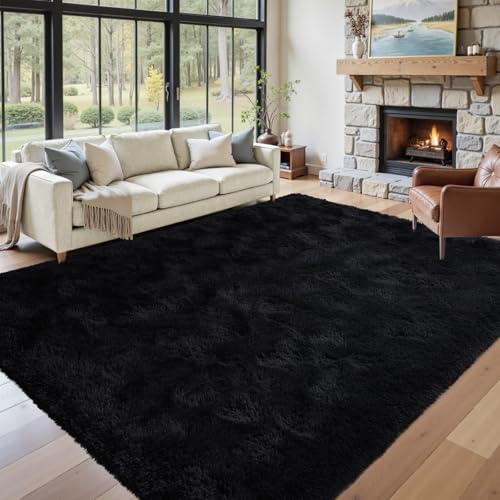 9x12 Ft Extra Large Black Shag Rug for Living Room,Ultra Soft Fluffy Furry Area Rug for Bedroom Kids Office, Aesthetic Carpet for Indoor Floor Home Decor - color: A-black, size: 9' X 12' (Rectangular)