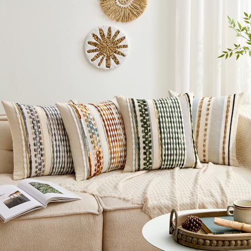 ANRODUO Pack of 2 Boho Decorative Throw Pillow Covers 20x20 Farmhouse Cushion Case Striped Chenille Pillow Cases Square Pillow Covers Accent Neutral Pillowcase for Sofa Couch Bed,Brown Stripe - color: Brown Stripe, size: 20" x 20" (Pack of 2)