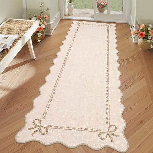 GarveeHome Scalloped Bow Rug for Living Room, Solid Beige Rug for Dorm, Washable Runner Rugs 2x6 Soft Low Pile Non Slip Scalloped Rugs for Nursery Bedroom Decor Hallway Entryway Playroom - color: Beige, size: 2' x 6' (Rectangular)