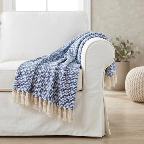 Americanflat 50x60 Throw Blanket - Soft and Breathable Cotton Throw Blanket for Couch, Bed, Chair - Decorative Blankets Perfect for Home, Office, or Outdoor Use - Blue and White Mini Diamond - color: Omala Blue and White Mini Diamond