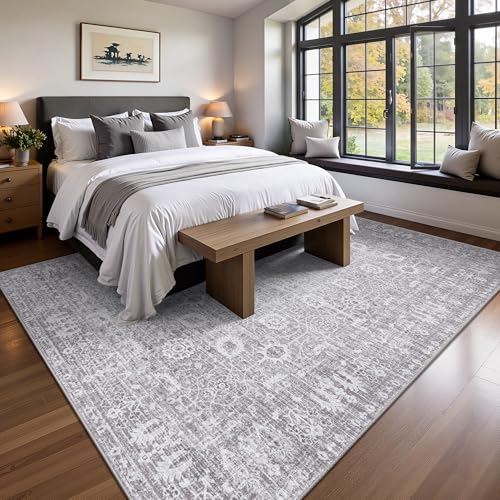 5x7 Area Rugs, Washable Vintage Retro Floral Rug for Living Room, Low Pile Non Slip Distressed Large Carpet for Bedroom, Dining Room, Office, Home (Vintage Purple Grey) - color: F-vintage Purple Grey, size: 5' x 7' (Rectangular)