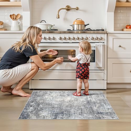 2x3 Washable Non-Slip Rug – Modern Abstract Neutral Small Throw Area Rug for Kitchen, Entryway, Bedroom – Soft Low Pile Thin Indoor Door Mat（Blue Grey,2x3） - color: Blue Gray, size: 2' x 3' (Rectangular)