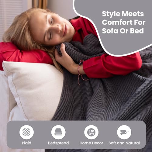 Dalisa 100% Organic Turkish Cotton Throw Blanket - GOTS Certified, Cozy - Perfect for Couch, Bed, and Home Decor - Boho Vintage Knit Alina (Dark Grey, 60x80) - color: Dark Grey, size: 60x80