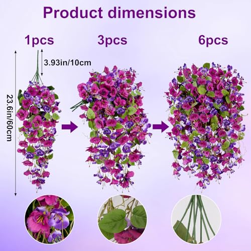 6Pcs Artificial Hibiscus Fake Hanging Flowers, Silk Faux Flowers for Outdoor Planters, UV Resistant Artificial Outdoor Plants for Hanging Baskets, Porches, Patios Decorations (Purple + Red) - color: Purple + Red