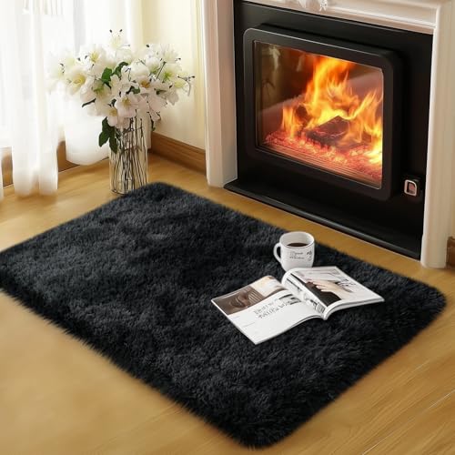 qulint 2x3 Black Grey Rug for Bedroom, Fluffy Small Area Rug for Living Room Soft Shag Fuzzy Bedroom Carpet, Shaggy Modern Alfombras for Kids Boys and Girls Decor (2ft x 3ft, Tie-Dyed Black Gray) - color: Blackgrey, size: 2' x 3' (Rectangular)