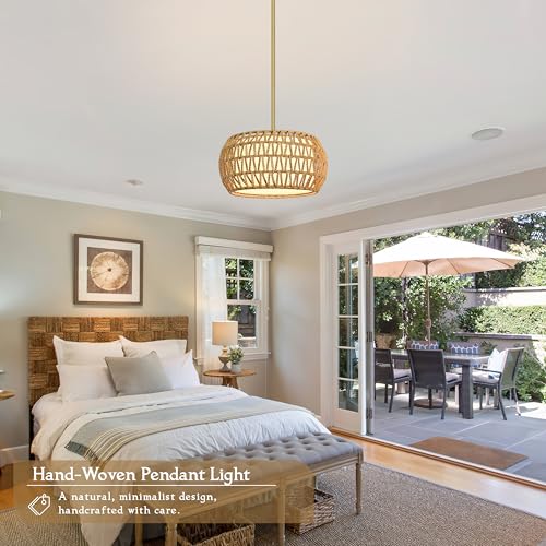 12.6 inch Natural Rattan Light Fixture Rattan Farmhouse Light Fixture Hand-Woven Pendant Lights Fabric Shade Boho Chandelier for Kitchen Dinning Room (Bulb Incl.) - color: 12.6"-Natural-Drum