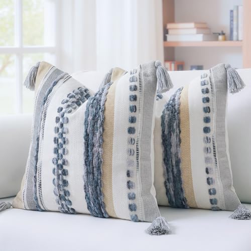 PANOD Chenille Farmhouse Throw Pillow Covers 16 x 16 Grey, Neutral Boucle Couch Pillow Cover, Striped Decorative Boho Coushion Cover Pillow Case for Couch Bed Sofa Bedroom,Modern Accent,Set of 2 - color: Grey Tone, size: 16" x 16" (Pack of 2)