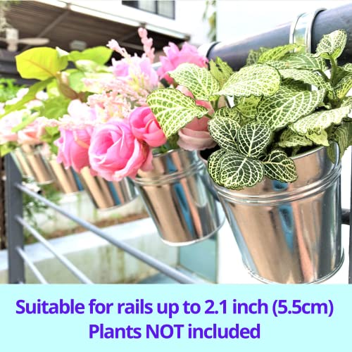 LaLaGreen Fence Planters for Outdoor Plants (10 Pack, 4 Inch) Balcony Planter Railing Hanging, Small Silver Metal Flower Pot Rail Wall Cute Farmhouse Garden Rustic Deck Porch Window Box Bucket Decor - size: 4 Inch (Silver)