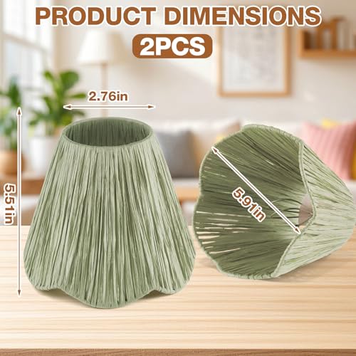 Glooglitter 2 Pcs Small Clip-on Chandelier Rattan Lamps Set Shade Scalloped Lampshade 3"top x 6"bottom x 5-1/4"slant Height Empire Lamp Shade Chandelier or Accent Lamp (Raffia,Light Green) - color: Light Green, size: Raffia