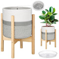 Plant Basket with Stand Indoor Planter Pot Holder Sturdy Jute Rope Modern Woven Basket, Cotton Rope Woven Pot with Bamboo Stand(10 Inch,White and Gray) - color: White and Gray, size: 10 Inch