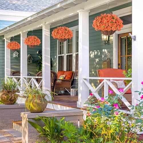 Artificial Fall Flowers Fake Hanging Plants Flowers Basket for Outdoors Autumn Decoration, Orange Silk Morning Glory with Eucalyptus Look Real UV Resistant Faux Flowers for Outside Porch Patio Balcony - color: Orange